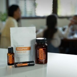 A selection of essential oil products displayed indoors, focused on wellness.